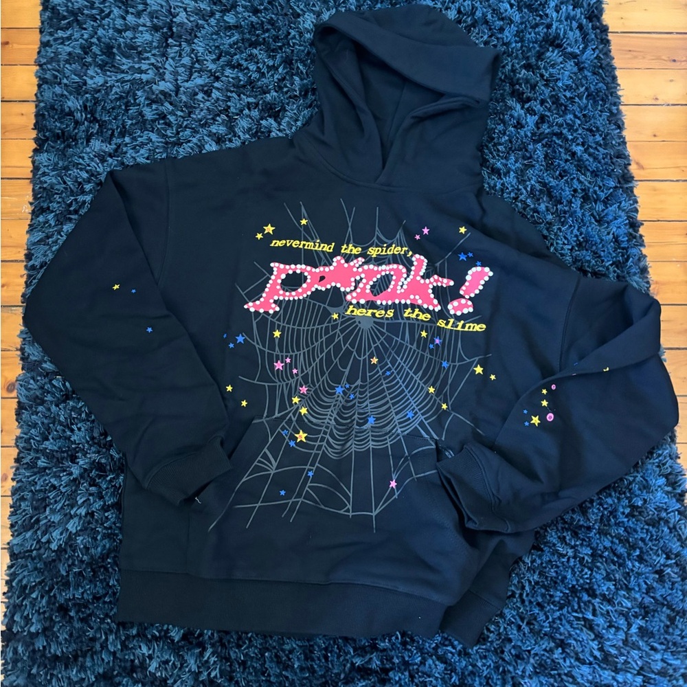 !SPIDER WORLDWIDE HOODIE MENS MEDIUM pink text colour black!